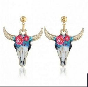 2/$14 Floral Longhorn Skull Earring Pink/Blue